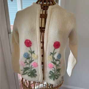 Vintage 1950s Floral Embroidered Wool Cardigan | Lined | Small (38)